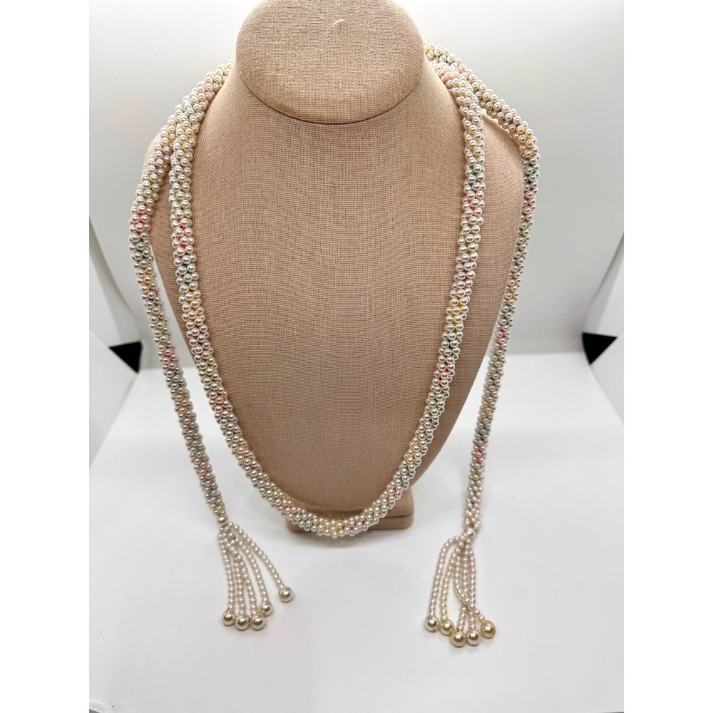Vintage Faux Pearl Lariat Necklace Multi Strand Woven Tassel Wrap Cream‎ 48 Inch